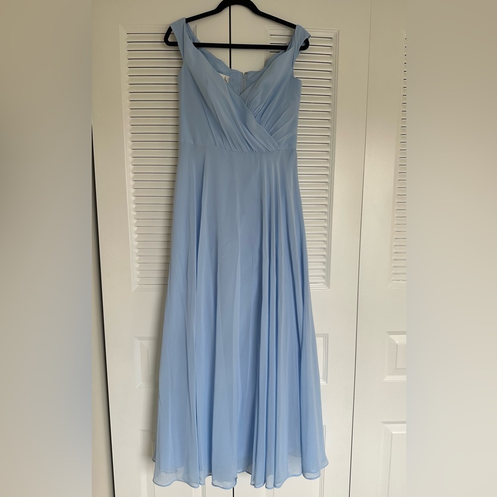 off the shoulder full skirt bridesmaid dress David’s bridal